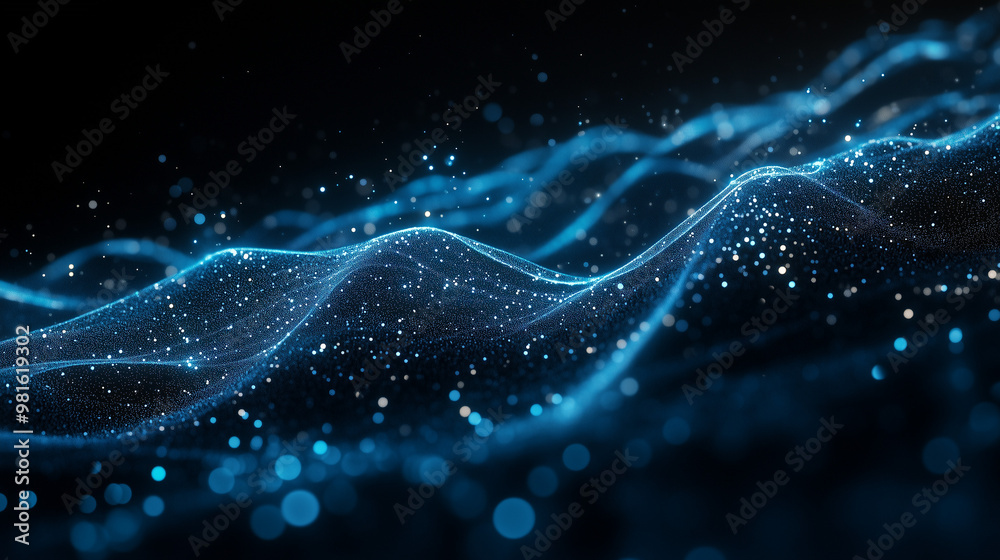 Blue digital wave with sparkling particles on dark background, tech innovation Blue digital wave with sparkling particles on dark background, tech innovation