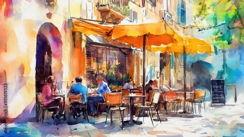 Fototapeta Naklejka Na Ścianę i Meble -  Watercolor painting of a Parisian cafe scene.
