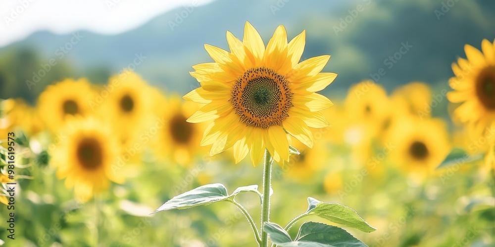 Fototapeta premium A single sunflower blooms in a field of sunflowers.