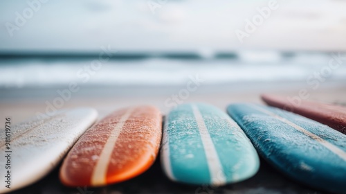 Image of multiple surfboards arranged in a line on a sandy beach, with waves gently rolling in the background, highlighting a popular surfing spot. photo