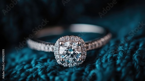 A detailed diamond halo ring with encrusted gems is set against a rich, textured background, highlighting its luxurious craftsmanship and timeless beauty. photo