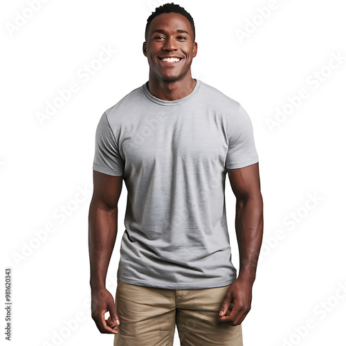 african man smiling while wearing a gray shirt and khaki shorts on transparent background