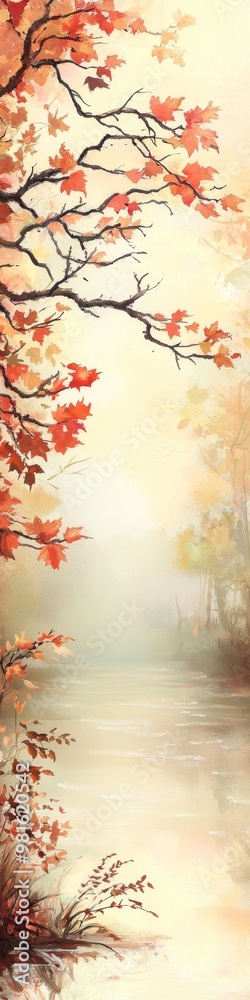 A whimsical autumn landscape illustration with bold shapes. A whimsical autumn landscape illustration with bold shapes.