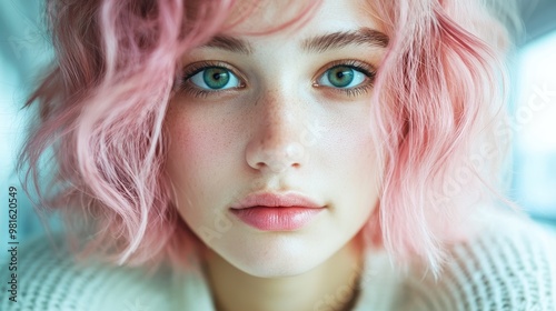 A close-up shot of a young woman with striking pastel-pink hair and vibrant blue eyes, her face adorned with freckles. Captivating beauty and individuality shine.