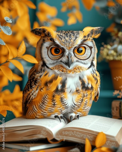 Wallpaper Mural Playful cartoon owl teacher surrounded by autumn leaves in vibrant colors for educational events Torontodigital.ca