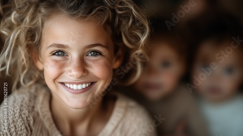 A young girl with curly hair and freckles beams warmly at the camera, evoking a sense of innocence and joy, captured in warm, inviting tones.