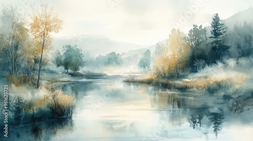 A watercolor painting of a river and trees.