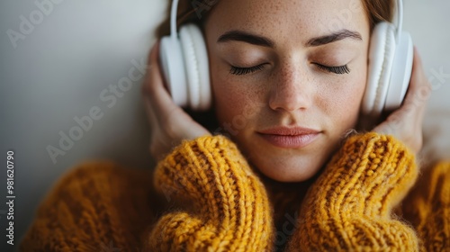 A young woman in a mustard yellow sweater, wearing headphones, relaxes with closed eyes, exuding tranquility and peace captured in a serene, indoor setting. photo