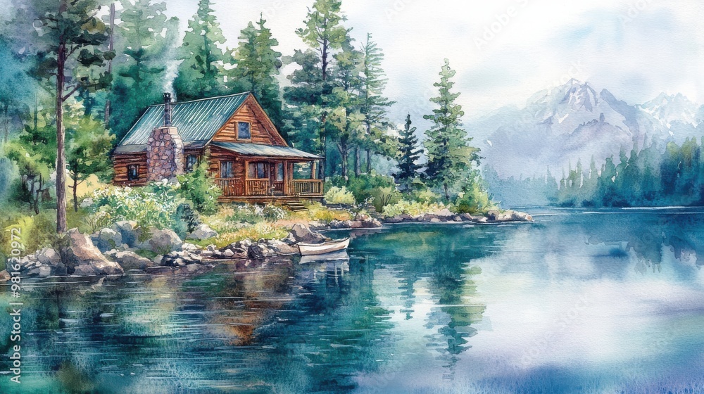 Cabin by the lake with mountains in the background.