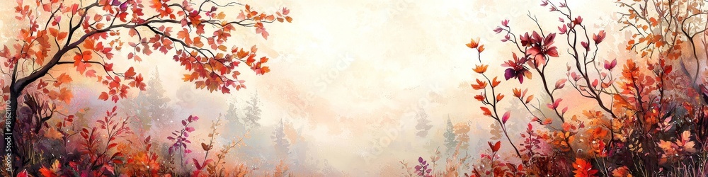 A whimsical autumn landscape illustration with bold shapes. A whimsical autumn landscape illustration with bold shapes.