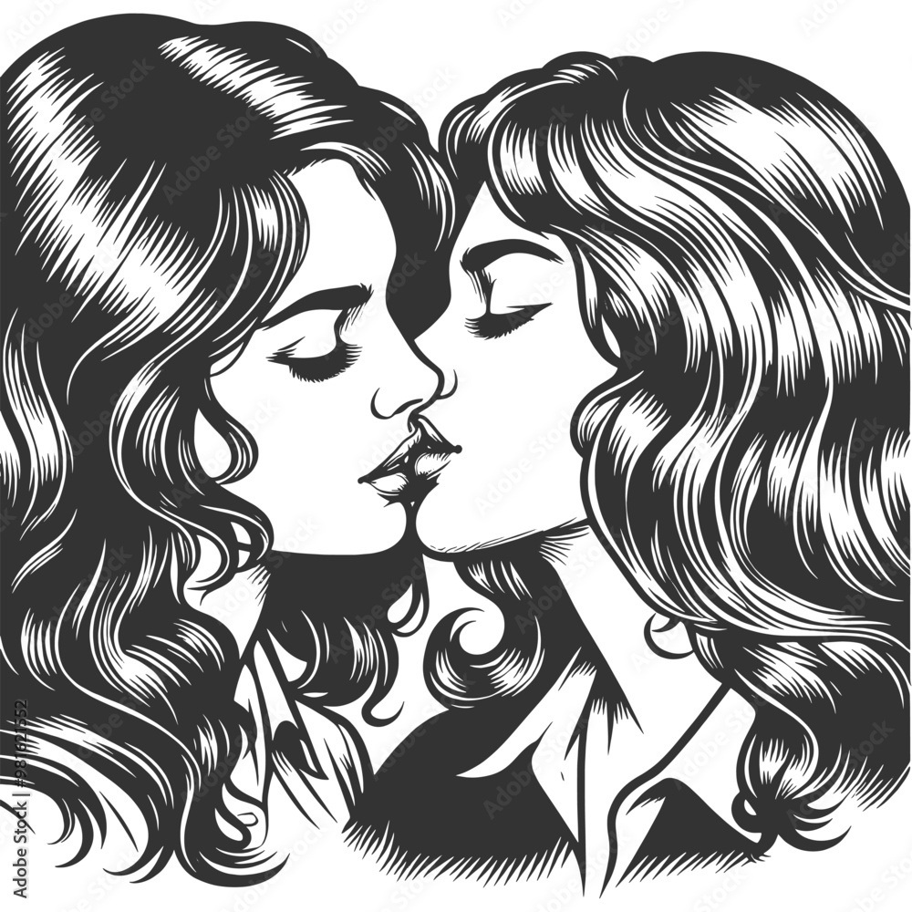 two women in retro fashion, embracing and sharing a kiss, a moment of affection sketch engraving generative ai fictional character vector illustration. Scratch board imitation. Black and white