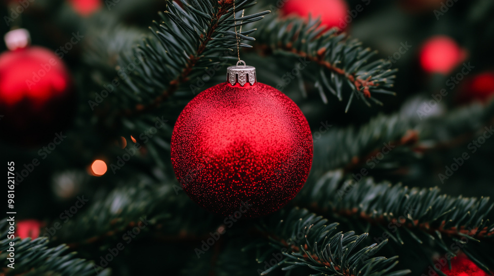 Single red christmas ornament hangs from a natural pine tree branch with blurred bokeh lights in the background Single red christmas ornament hangs from a natural pine tree branch with blurred bokeh lights in the background