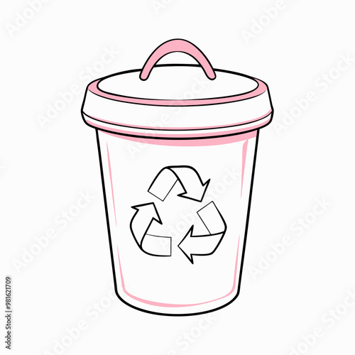 Outline of a pink recycling bin with eco symbol, waste management concept, minimalistic design, vector illustration, copy space
