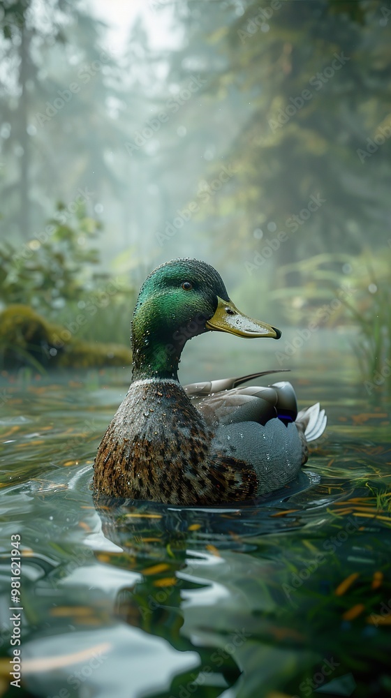 Mallard Duck Swimming in a Forest Pond Mallard Duck Swimming in a Forest Pond
