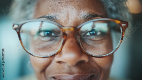 This image shows a person wearing stylish glasses with a softly blurred background, creating a focused and contemplative mood that emphasizes the eyewear's design. photo