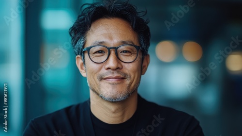 A man wearing glasses smiles gently, exuding confidence, wisdom, and friendliness, captured in a composed and modern professional environment.