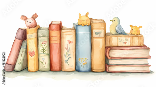 A watercolor clipart featuring a collection of babys first books with whimsical covers and illustrations peeking out. Whimsical. Illustration