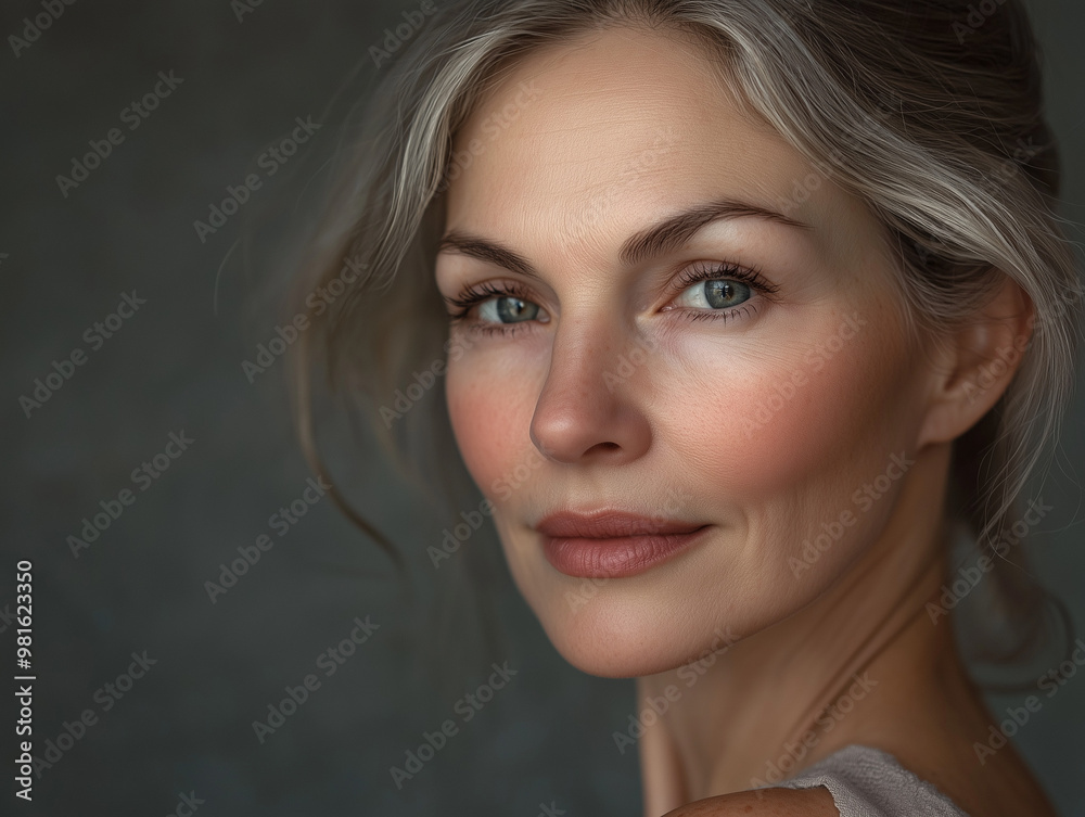Naklejka premium Beautiful mid age woman with beautiful skin. Anti age treatment ad, laser face rejuvenation
