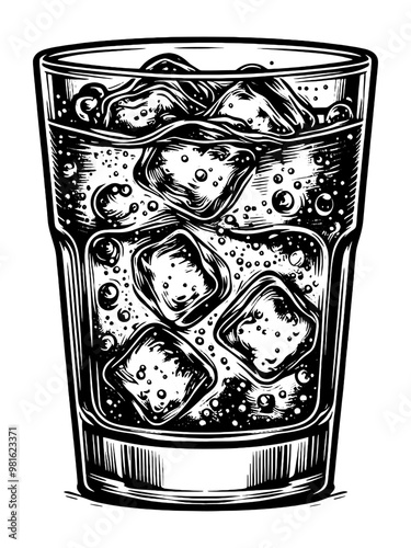 Illustration of a glass with ice cubes and liquid in black and white. Vector, generative ai.