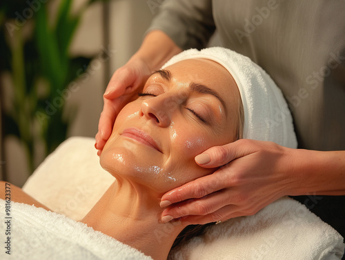 Woman in a spa getting face rejuvenation treatment