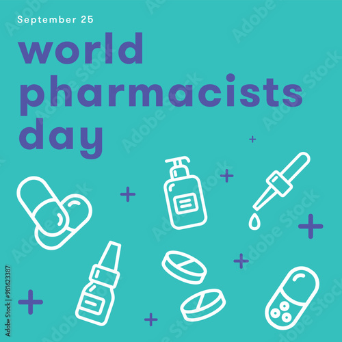 World Pharmacist Day greeting card with medical icon vector design template set. Hospital, Care, Health color. September 25