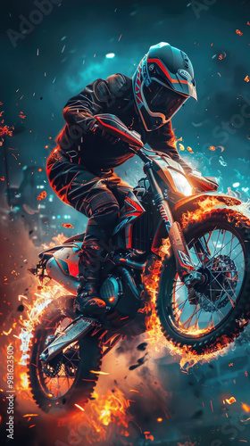 Motocross rider on fire performing an extreme jump