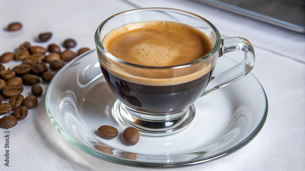Espresso in glass cup with coffee beans on white table Espresso in glass cup with coffee beans on white table