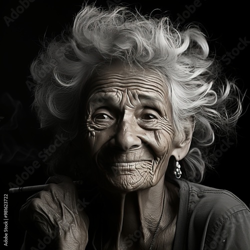 An elderly woman with striking gray hair and deep wrinkles radiates joy as she smiles brightly. She holds a cigarette, capturing the essence of resilience and character in low light.