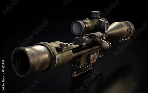 A detailed closeup view of a sniper scope resting on a black background