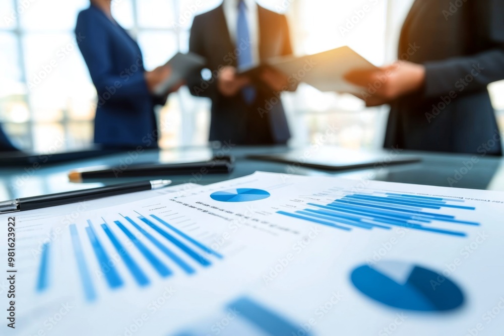 Business people analyzing financial charts and graphs on desk Business people analyzing financial charts and graphs on desk