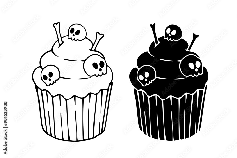 Line sketch,silhouette,stamp of creepy festive Halloween cupcakes. Vector graphics. Line sketch,silhouette,stamp of creepy festive Halloween cupcakes. Vector graphics.