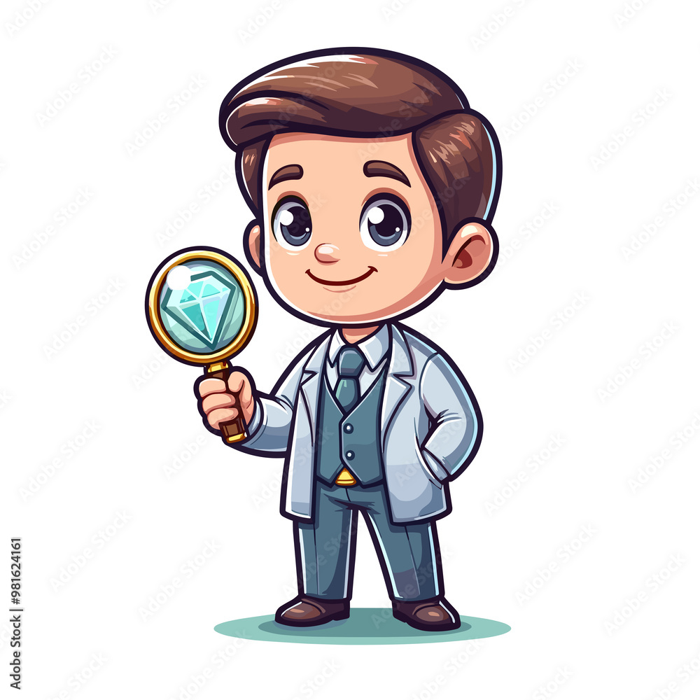 A cartoon man is holding a magnifying glass and smiling. He is dressed in a suit and tie A cartoon man is holding a magnifying glass and smiling. He is dressed in a suit and tie