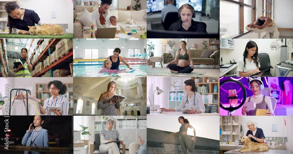 Professional, career and mosaic of people with diversity, connection or global platform for growth. Community, social network or collage of women in workplace with inclusion, equality and opportunity