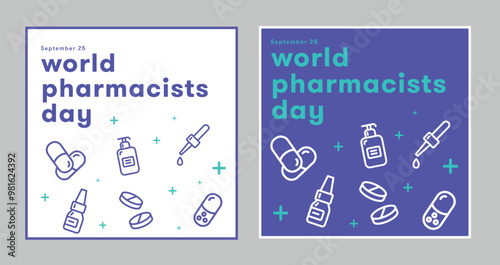 World Pharmacist Day greeting card with medical icon vector design template set. Hospital, Care, Health color. September 25