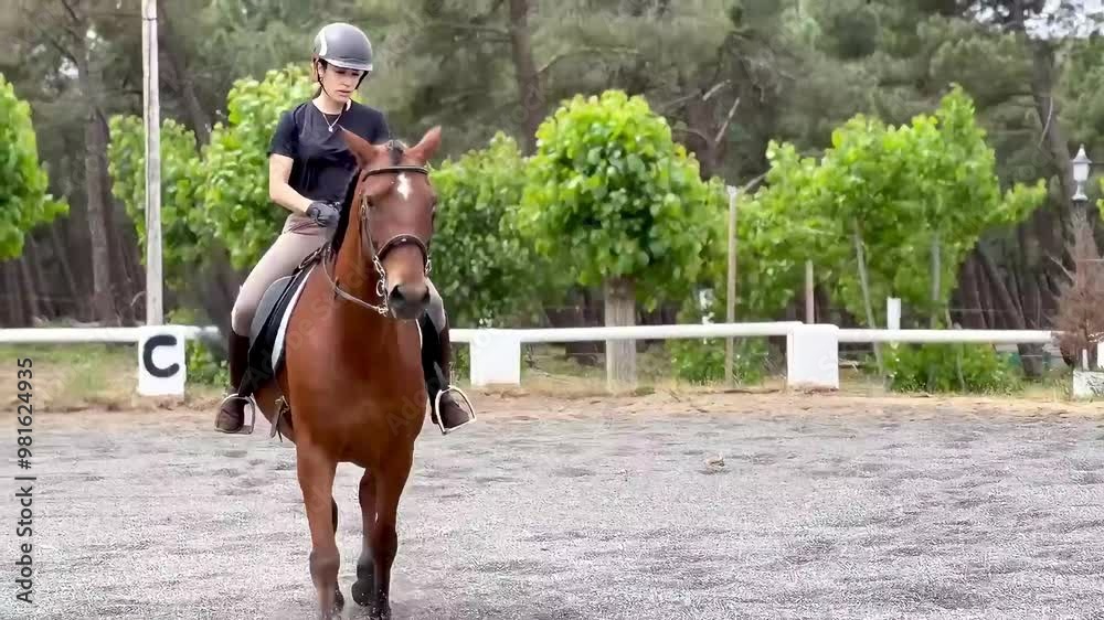 Video of a girl riding brown horse in equestrian practice Video of a girl riding brown horse in equestrian practice
