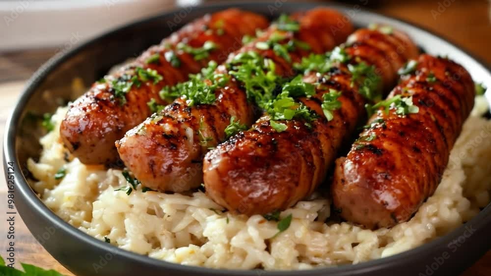 This Juicy grilled sausages are nestled atop a bed of seasoned sauerkraut, garnished with herbs. This Juicy grilled sausages are nestled atop a bed of seasoned sauerkraut, garnished with herbs.