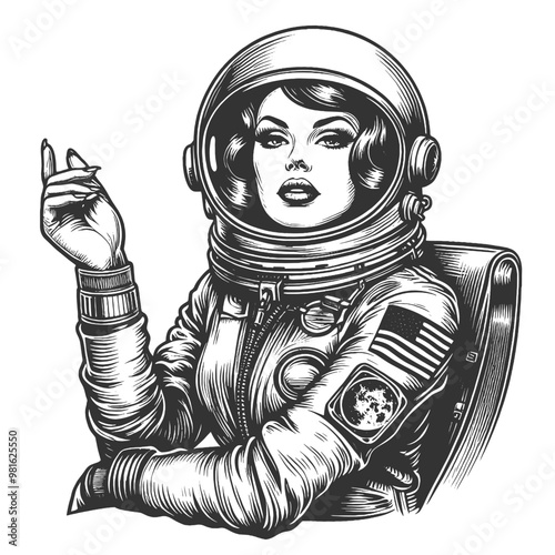 glamorous woman in a retro-style space helmet, vintage aesthetics with a futuristic astronaut theme sketch engraving generative ai vector illustration. Scratch board imitation. Black and white image.