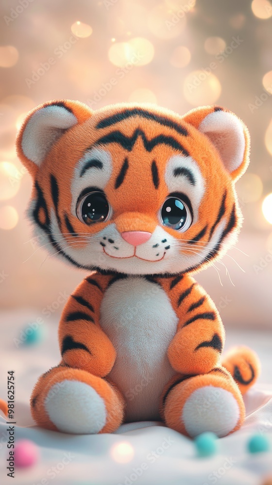 Naklejka premium Cute plush tiger toy with big eyes