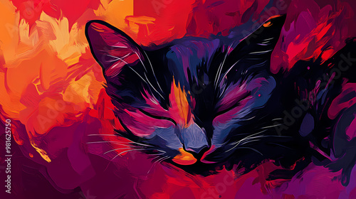 Abstract illustration of a sad cat in fauvism style, vibrant, bold colors, including black, red, and purple, generative ai. Fauvism. Illustration photo