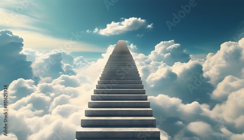 Ascending stairway into clouds symbolizing personal growth and the journey to success