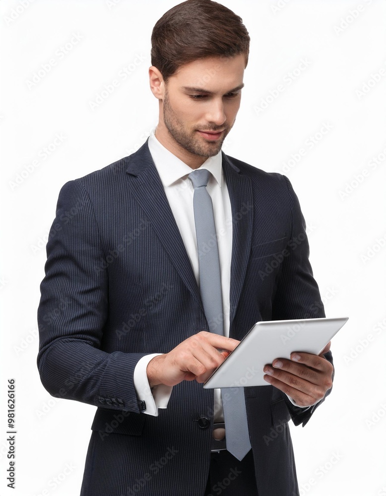 Businessman Using a Tablet for Work Isolated on White Background, Clipping Path, Full Depth of Field Businessman Using a Tablet for Work Isolated on White Background, Clipping Path, Full Depth of Field