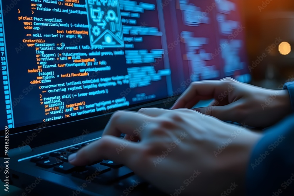 A programmer coding at night in a dimly lit room with a laptop displaying complex computer code on the screen A programmer coding at night in a dimly lit room with a laptop displaying complex computer code on the screen