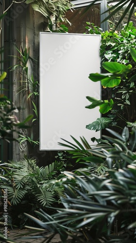 Mockups billboard of Malls, Modern Buildings, White billboard on spring summer green leaves background.