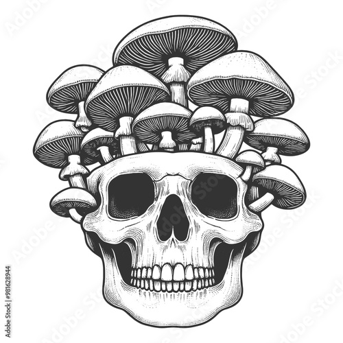 human skull with mushrooms growing inside, blending natural elements with macabre, surreal imagery sketch engraving generative ai vector illustration. Scratch board imitation. Black and white image.