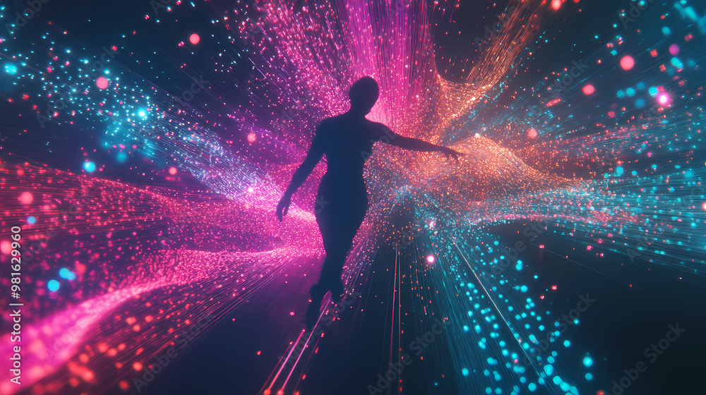 Naklejka premium An energetic digital human silhouettes intersecting with a web of dynamic data streams, illuminated by neon lights and pulsating data visualizations. Energetic. Illustration