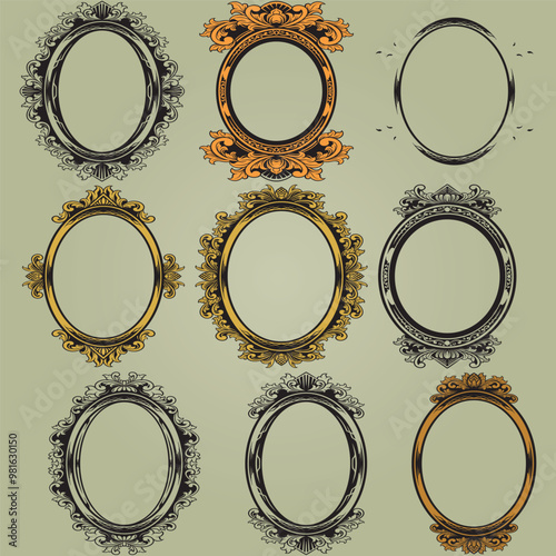 Decorative oval vintage frames and borders set. Victorian and baroque style design. Elegant royal-style frame shapes with swirls for labels,tags and invitations. illustration Vector 
