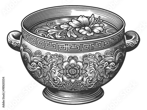 Soup bowl featuring intricate floral patterns, motifs sketch engraving generative ai vector illustration. Scratch board imitation. Black and white image.