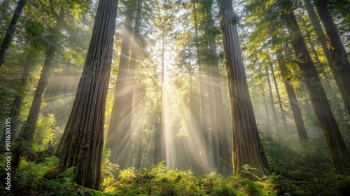 Majestic Redwood Forest with Sunbeams in Green Landscape