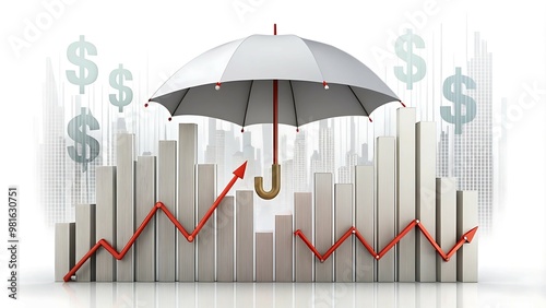 an umbrella shielding a bar chart from falling icons of common risks, with a rising arrow showing how proper risk management safeguards business success.