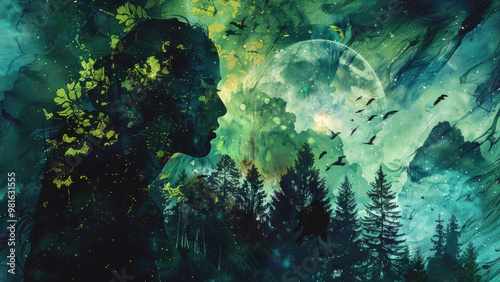 Wallpaper Mural Double exposure of a woman's silhouette merging with nature and flying birds Torontodigital.ca
